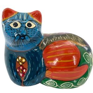 Vintage Mexican Talavera Cat in Bold Blue & Orange w/Desert Landscape 4.5" Tall